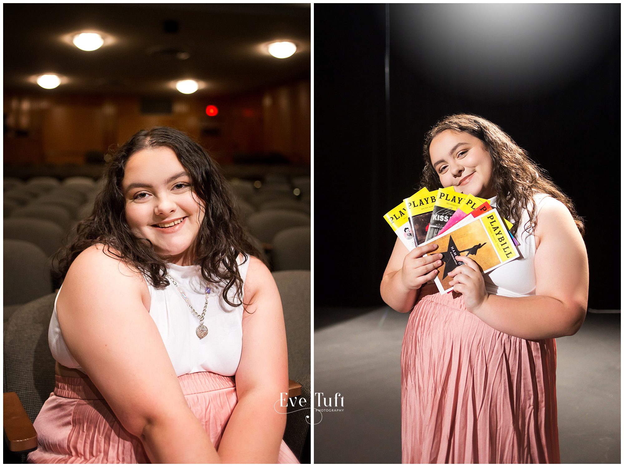 A senior girl poses with her playbills for her theater session | Photographers in Midland, MI