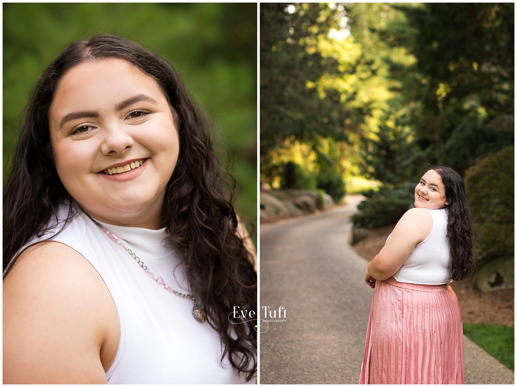 A teen looks over her shoulder for her photo session at Dow Gardens | Midland, Michigan Senior Photographers