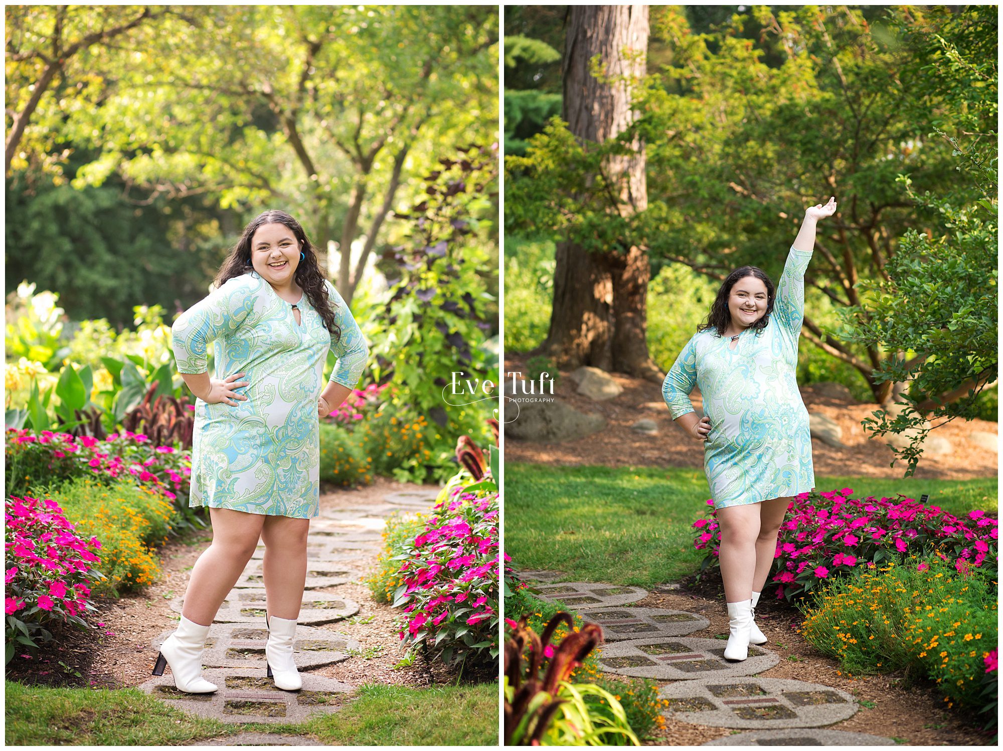 A teenager stands on a pathway outside by flowers | Senior Sessions in Michigan in Midland