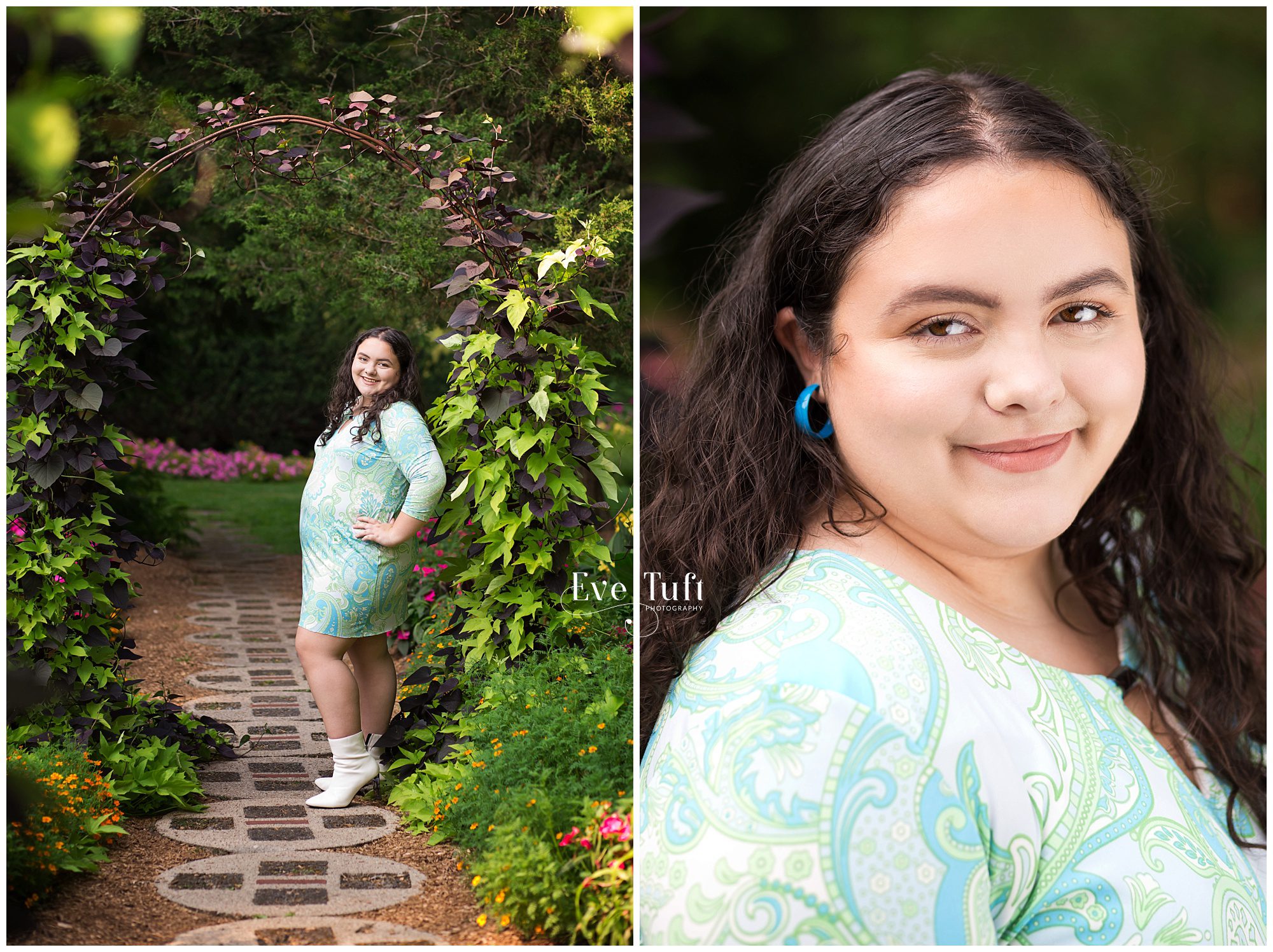 A teenager stands under an ivy archway in Dow Gardens | Senior Photographer in Midland, MI