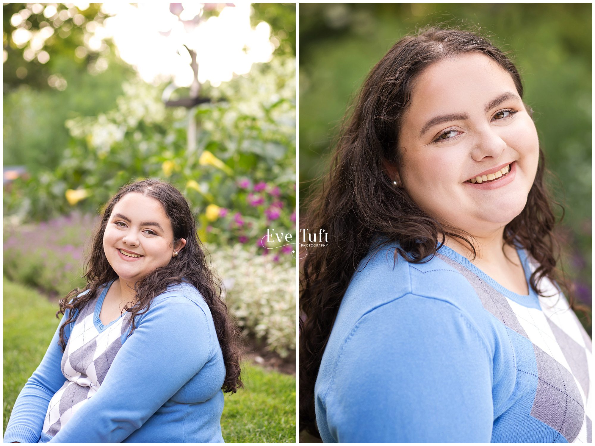 A senior sits in the grass near flowers outside | Senior Photographer in Midland, Michigan