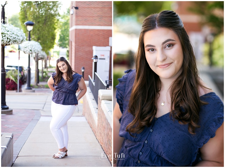 Simple and stunning senior girl standing on a sidewalk in Downtown, Midland, MI