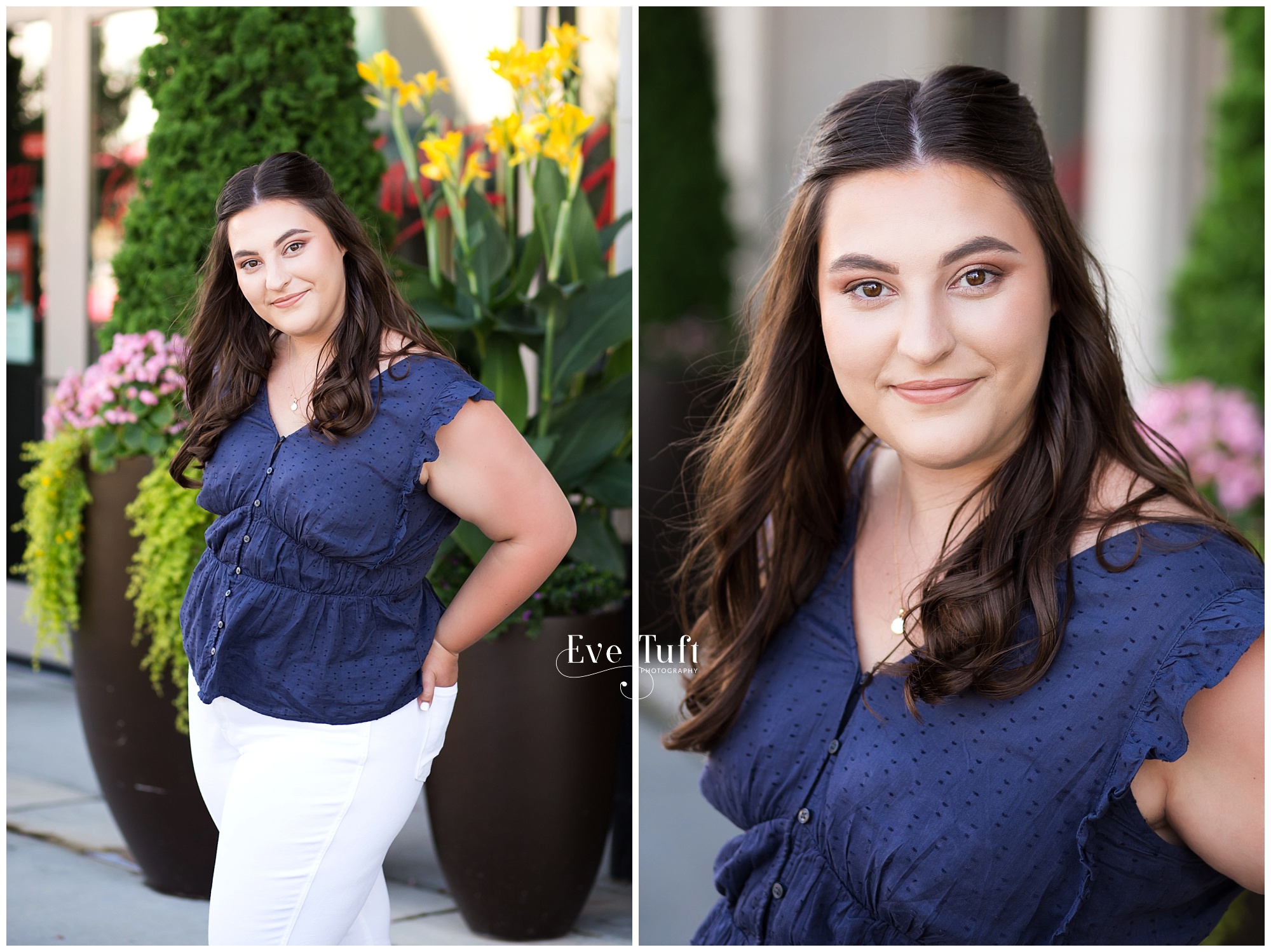 A senior girl stands outside of a business in front of flowers | Session with a photographer in Midland, Michigan