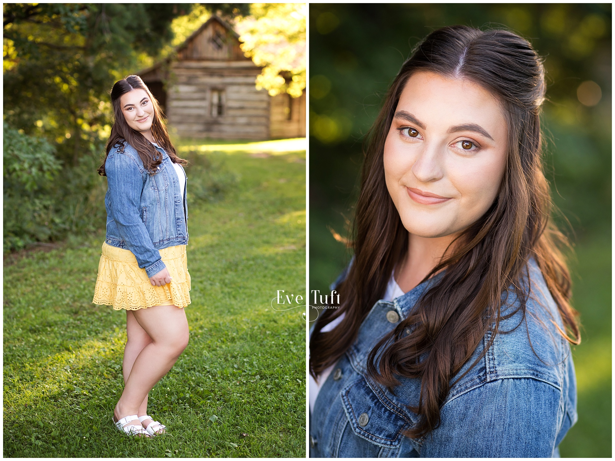 A beautiful woman stands outside in front of a cabin at the CNC | Midland, MI Senior Photographer
