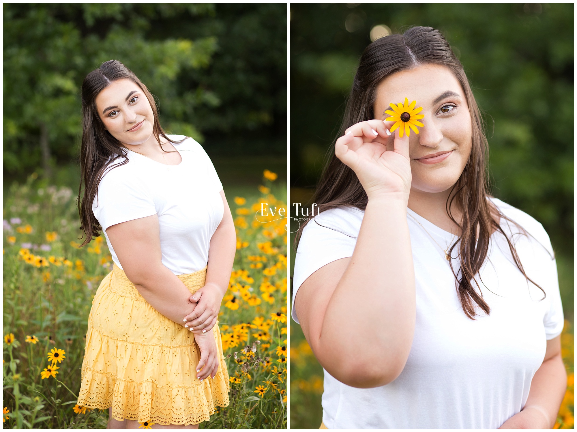 A senior girl holds up a yellow flower to her eye | Photographer in Midland, MI