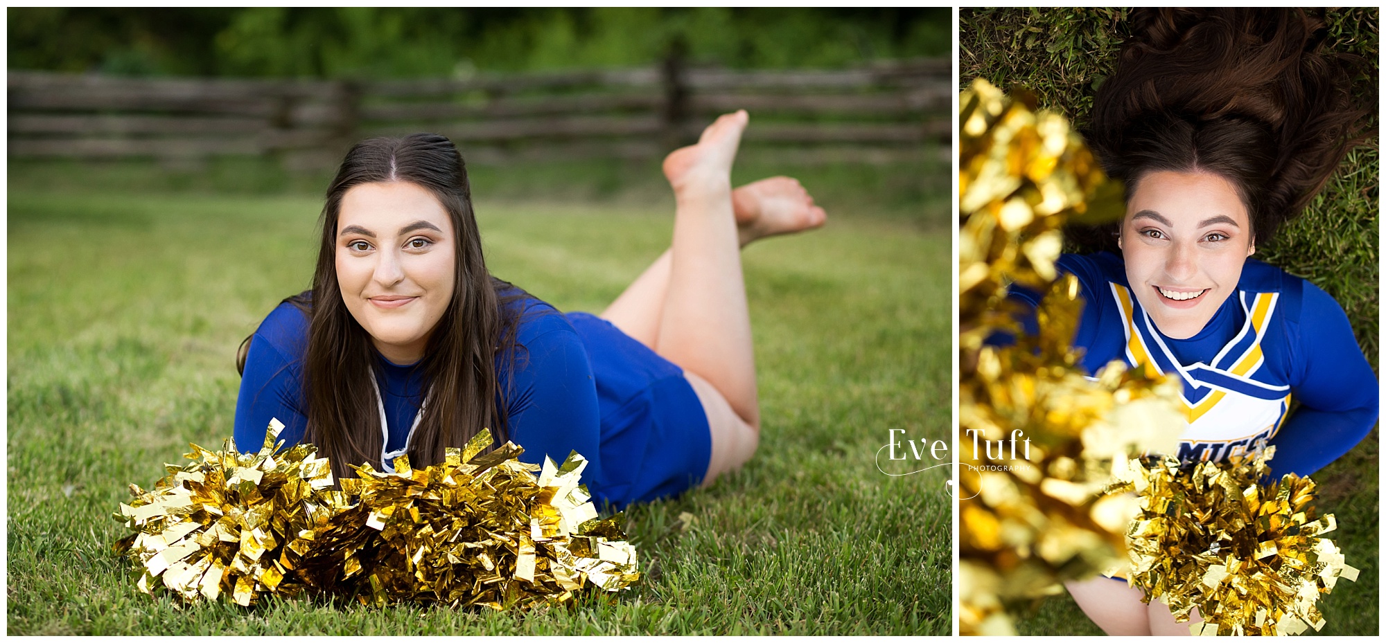 A Midland High School Michigan Cheerleader lies down in the grass at the CNC | Senior Photographers near me
