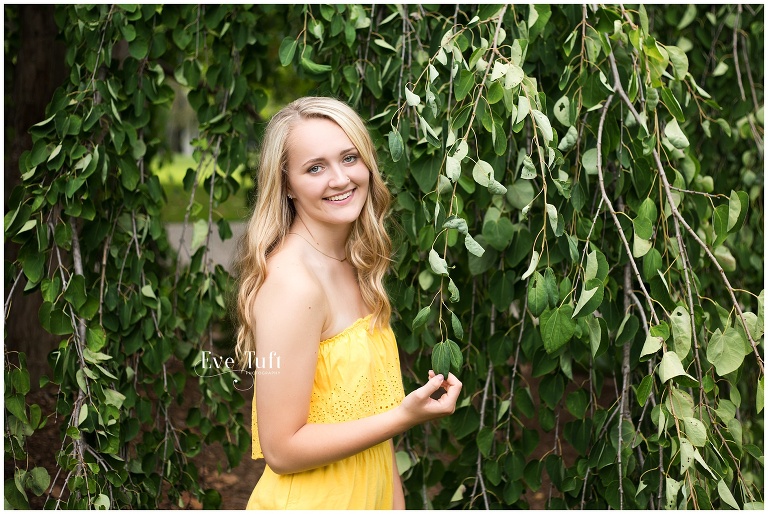 A lovely teen stands next to a willow tree in Dow Gardens | Senior Photographers near me