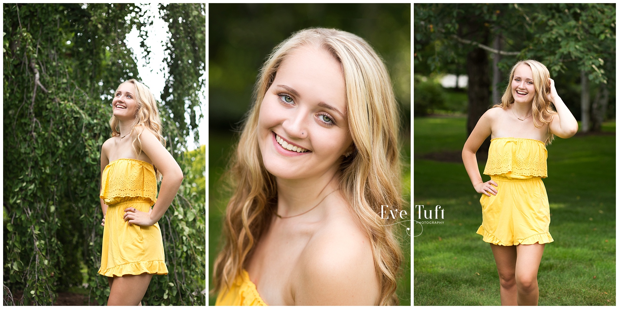 A beautiful blond walks in the grass at Dow Gardens before seeing some roses | Midland, Michigan Senior Photographer