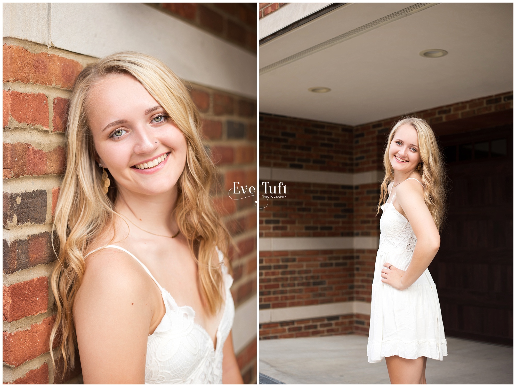 A senior leans against a brick wall in Downtown Midland, Michigan