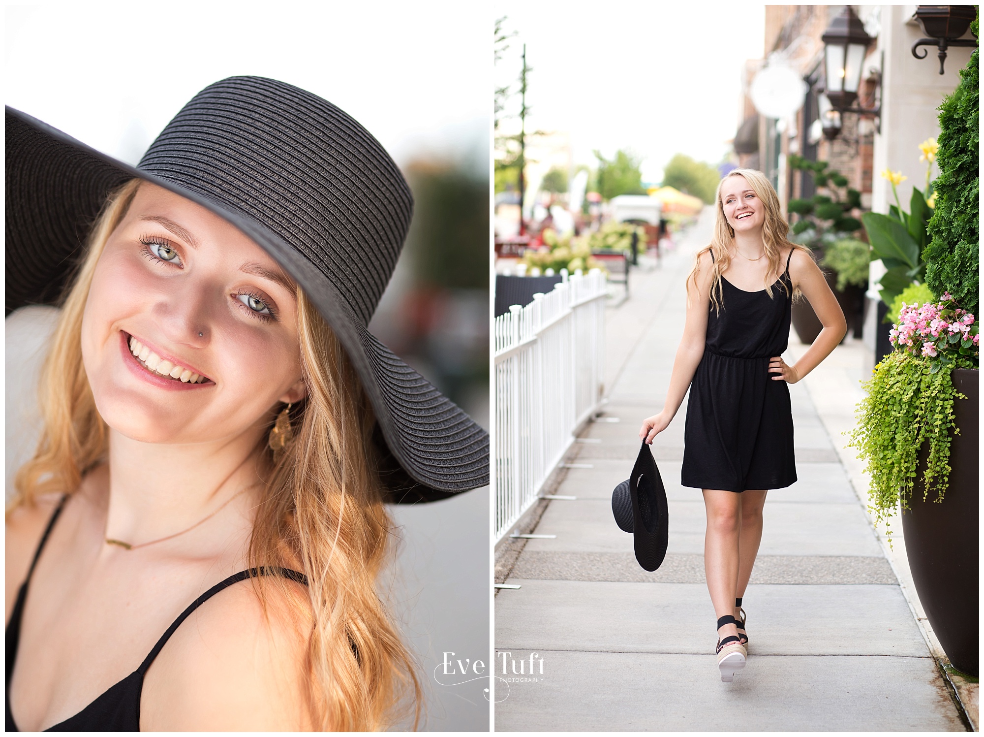 A teen walks along the street with her hat for her senior pictures in Midland, MI
