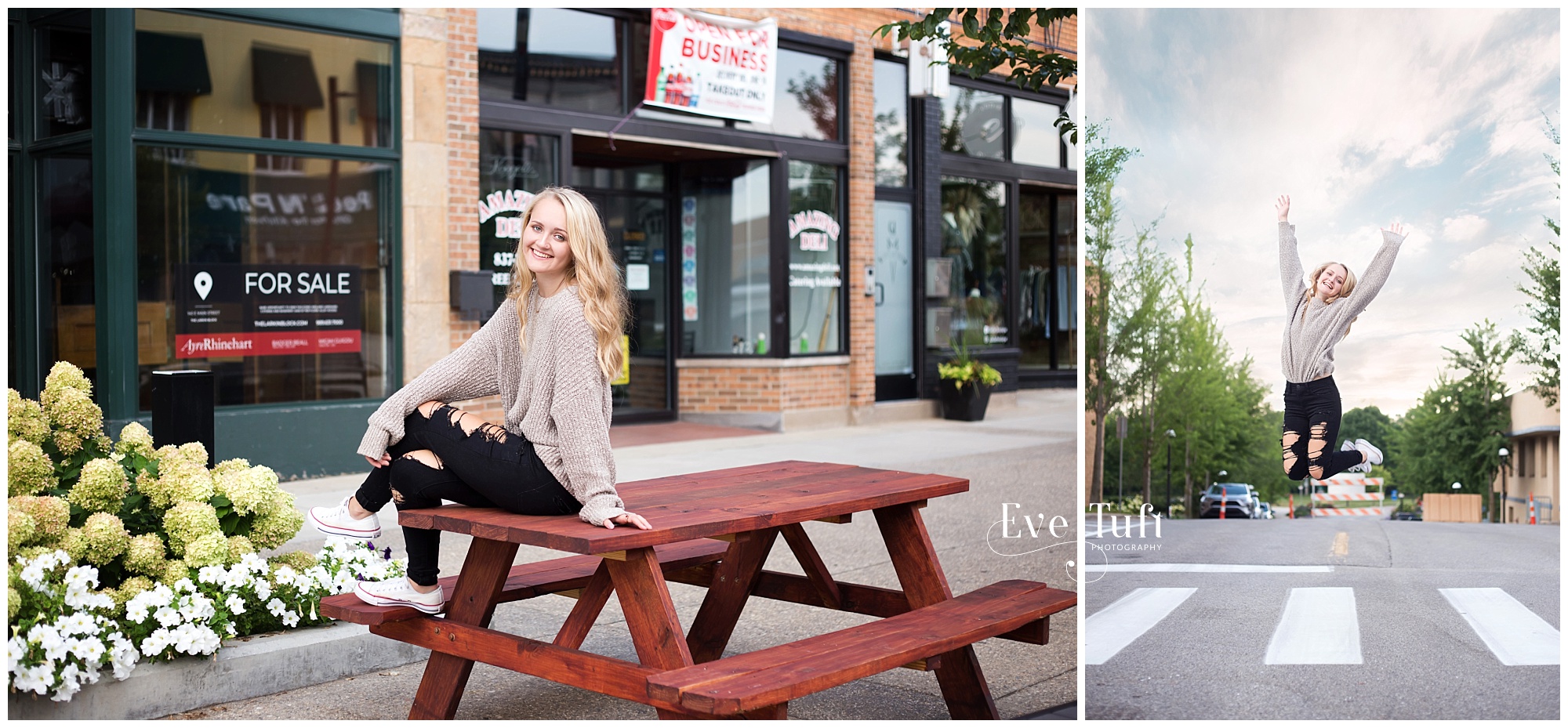 A teenager jumps in the air on a crosswalk | Downtown Midland, Michigan Senior session