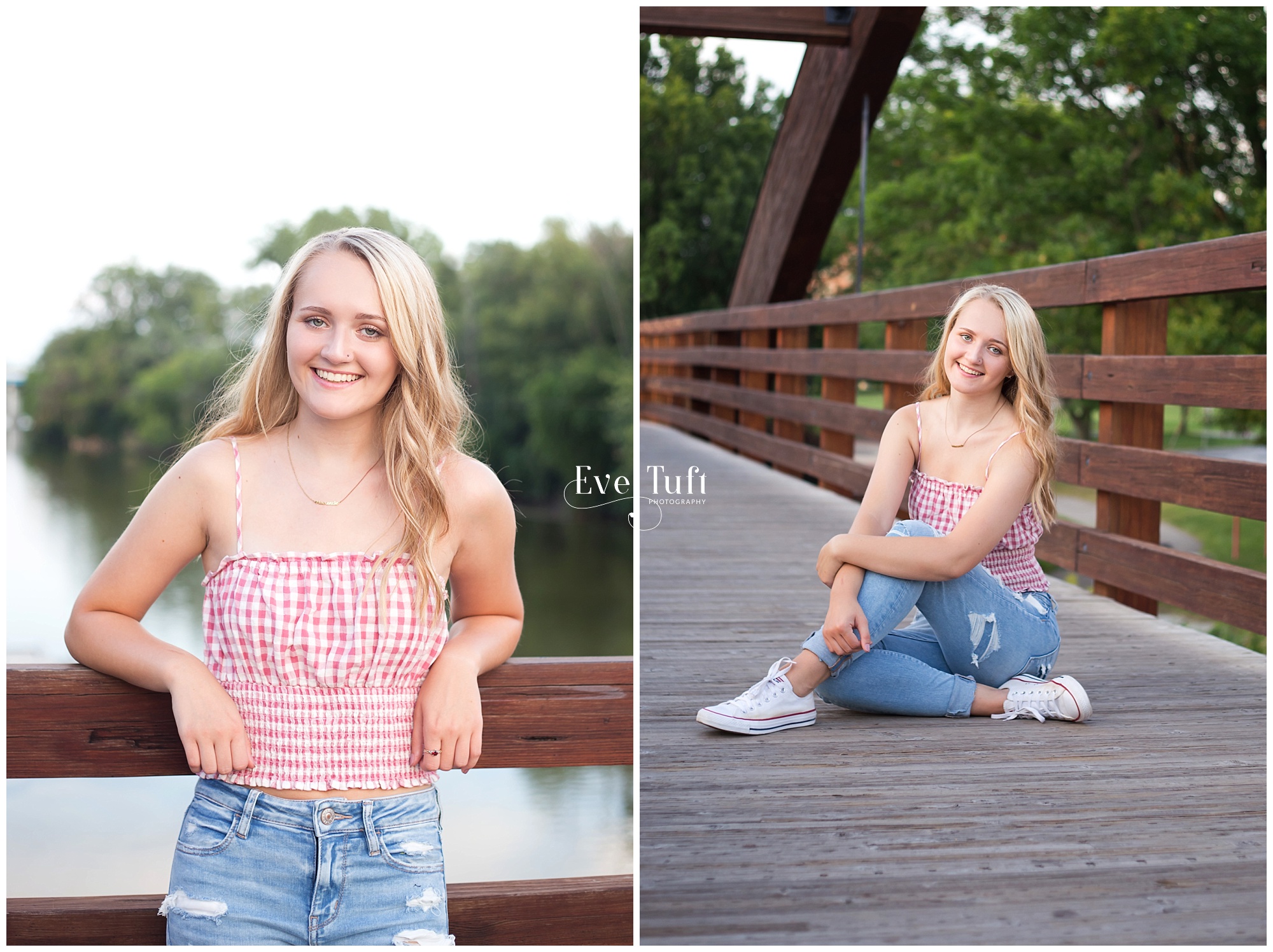 A young woman sits on the Tridge | Senior Session in Midland, MI