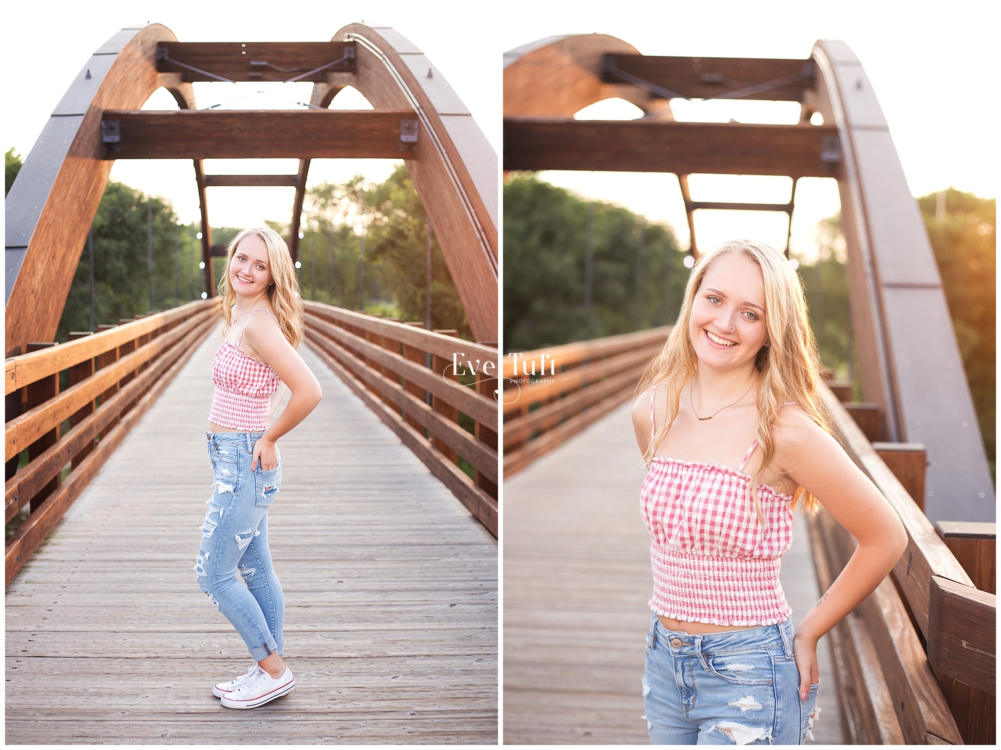 A young woman stands on the Tridge for her photo session | Midland, Michigan Senior Photographer