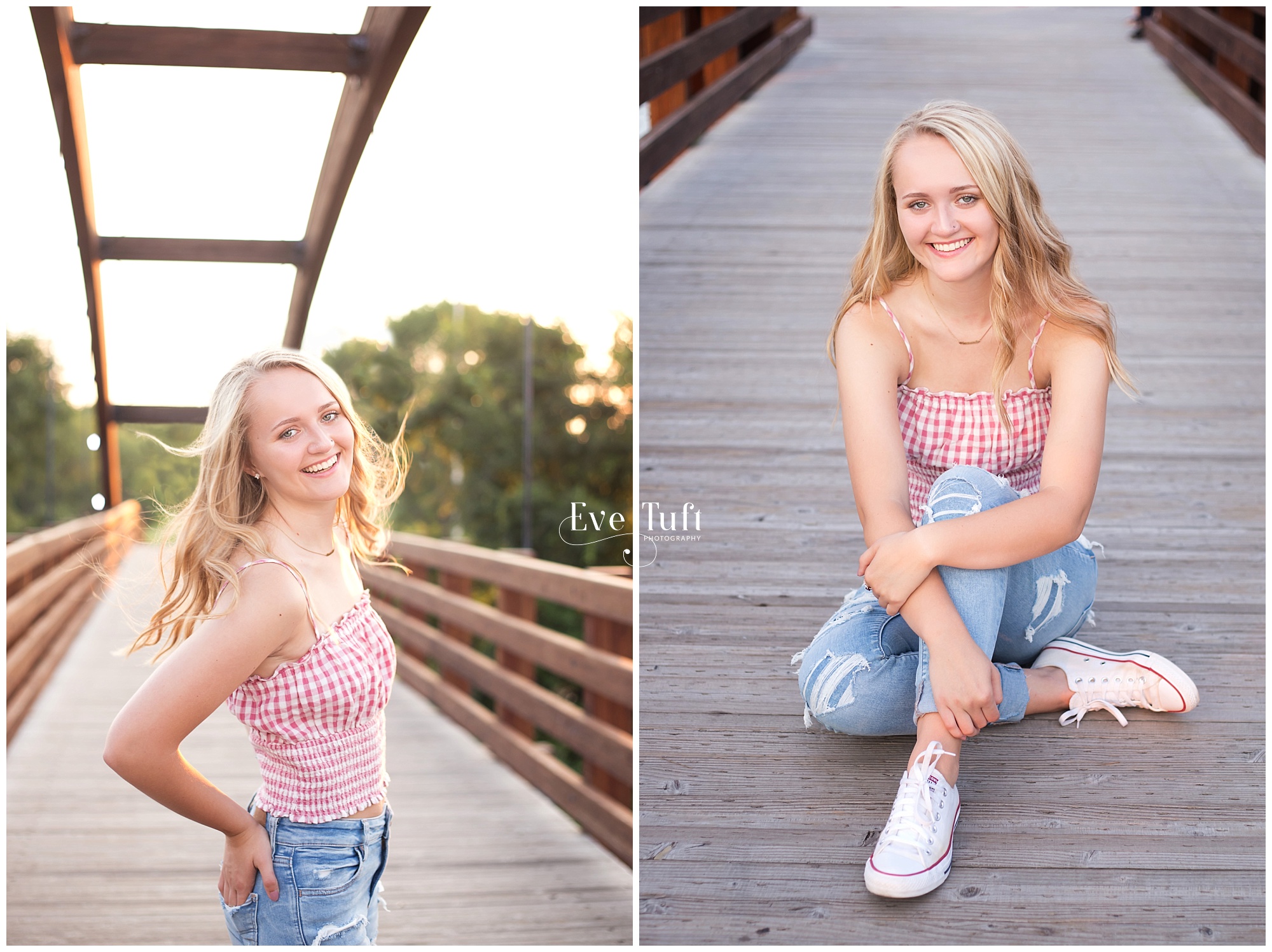 A senior girl sits on the Tridge for her session with Eve Tuft Photography, Midland, MI photographer