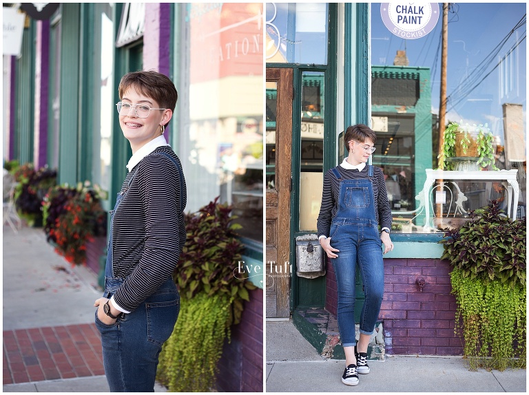 A senior walks down a sidewalk for her urban session | Bay City, Michigan Senior Photographer