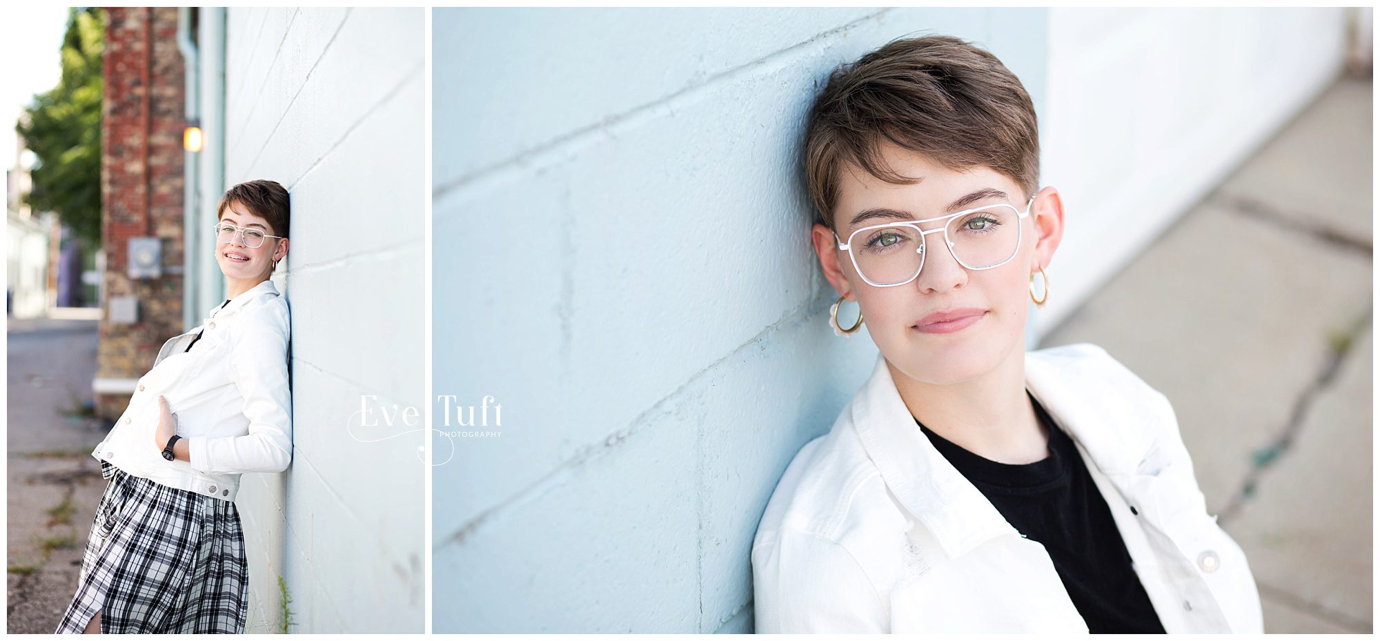 A teen leans against a blue wall outside in an artsy alleyway | Bay City Senior Photographers in Michigan