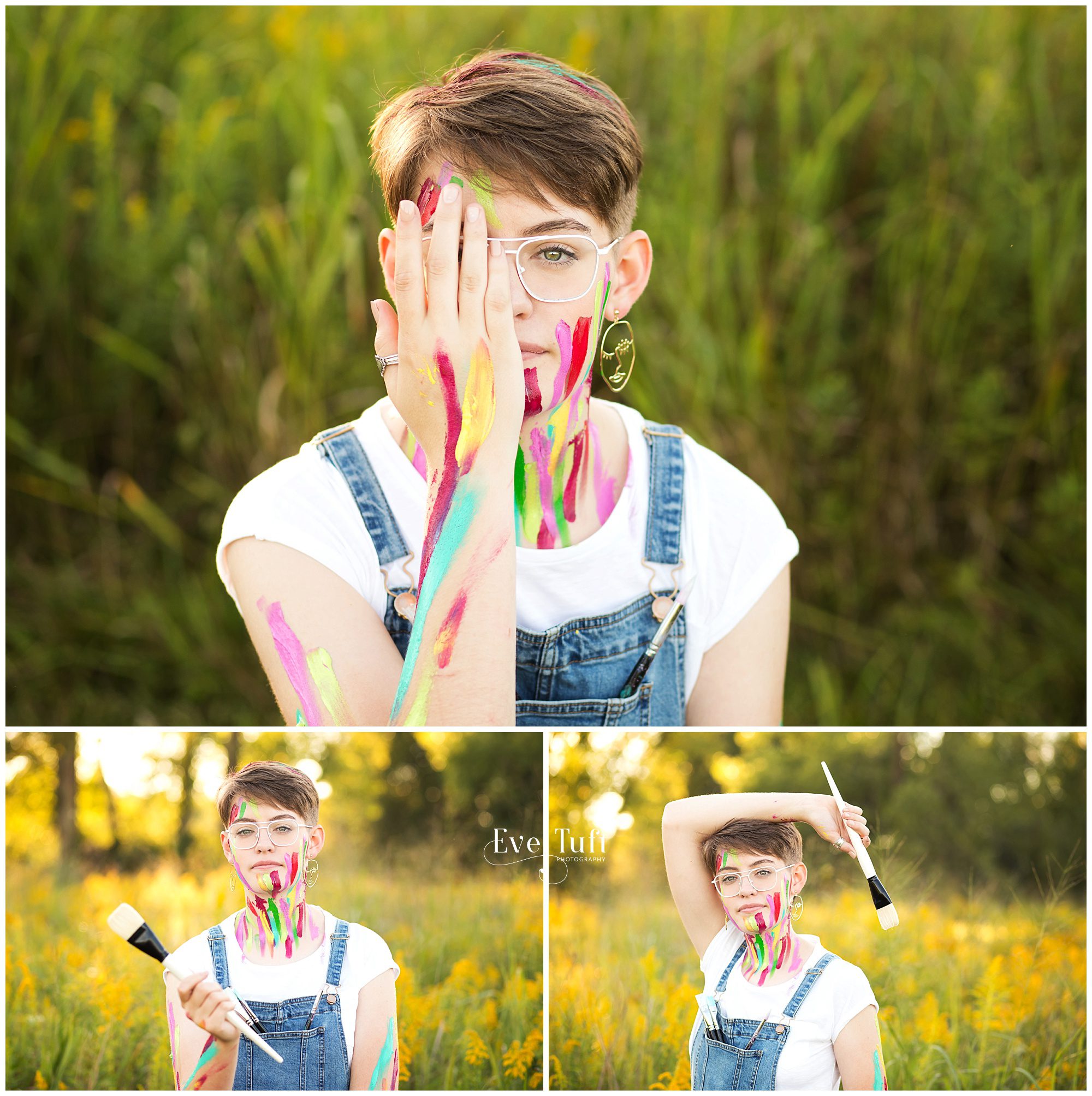 A teen covers her face with paint for her artsy senior session | Senior Photographers in Sanford, Michigan
