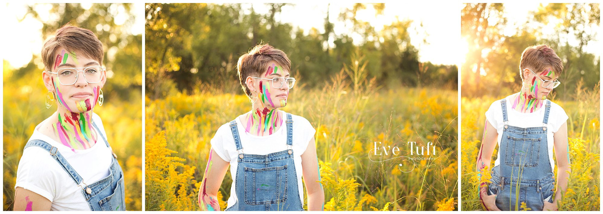 A teenager has paint on her face in a field for her artsy session in Michigan | Sanford Senior Photographers