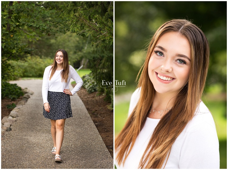 A beautiful and sweet teenager walks along a pathway at Dow Gardens | Michigan Senior Photographers