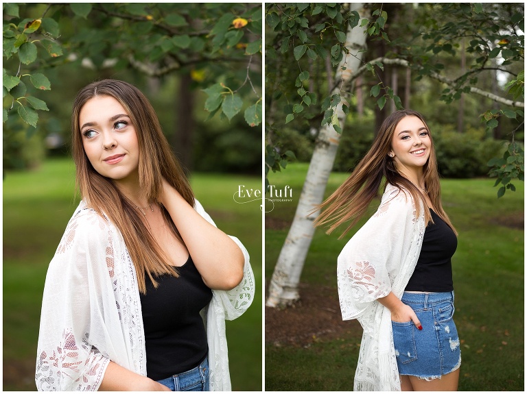 A sweet woman flips her hair over her shoulder outside | Senior Photographers in Midland, Michigan