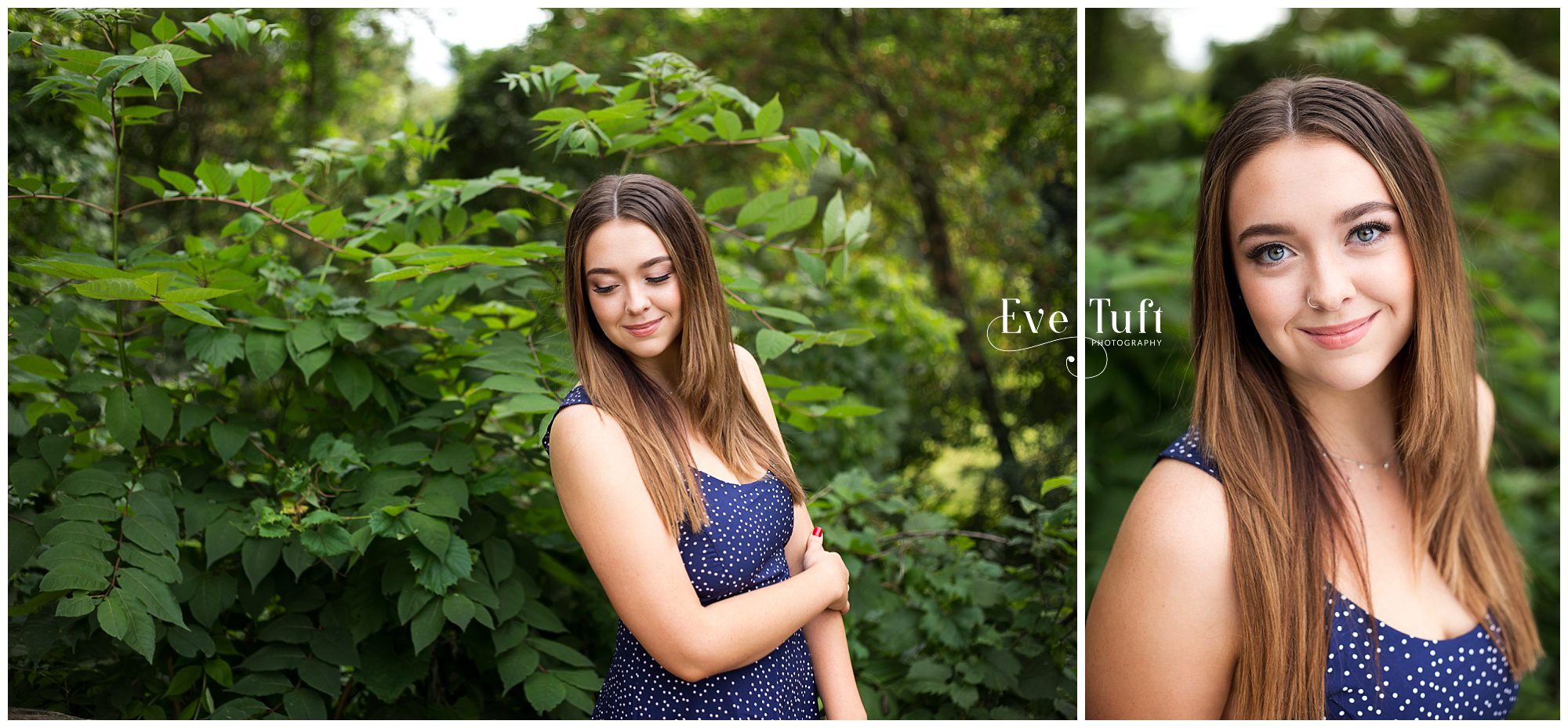 A sweet woman looks off to the side in front of trees at Dow Gardens | Senior Photographers in Midland, MI Dow Gardens