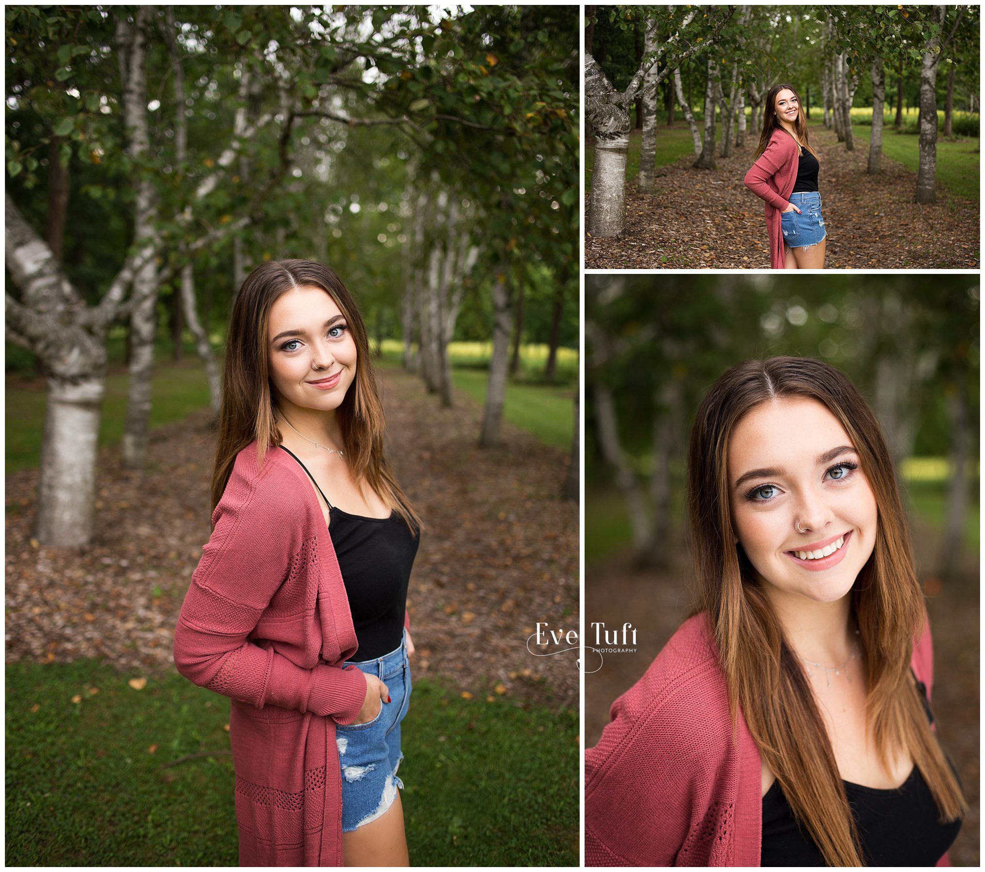 A woman stands between a row of birch trees at the Chippewa Nature Center | Senior Photographers Near me