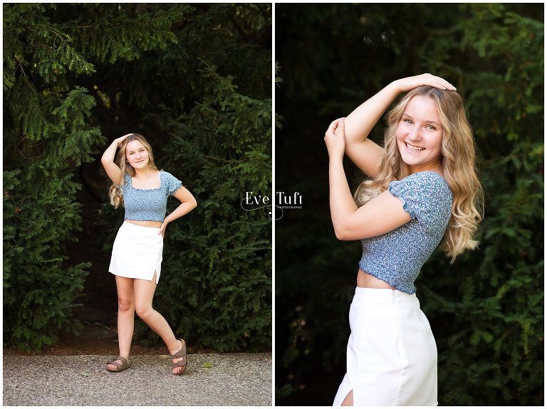 A teenager poses in her skirt outside at Dow Gardens for her senior session | Midland, Michigan Senior Photographers