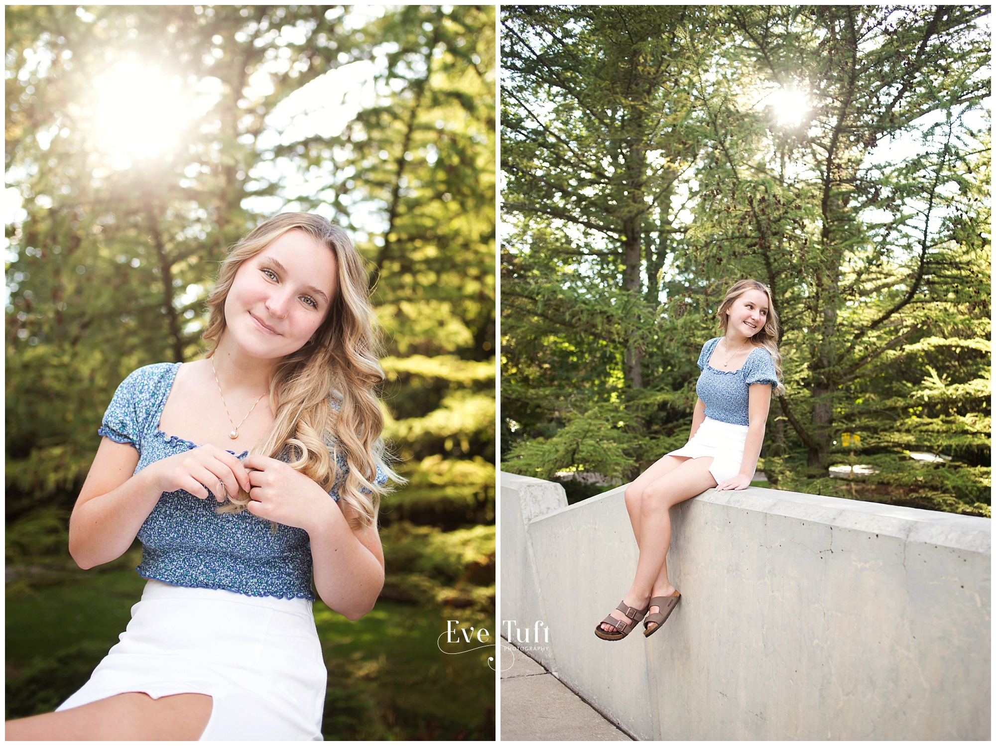 A senior sits on a wall at Dow Gardens over a bridge | High School Senior Photographer in Midland, MI