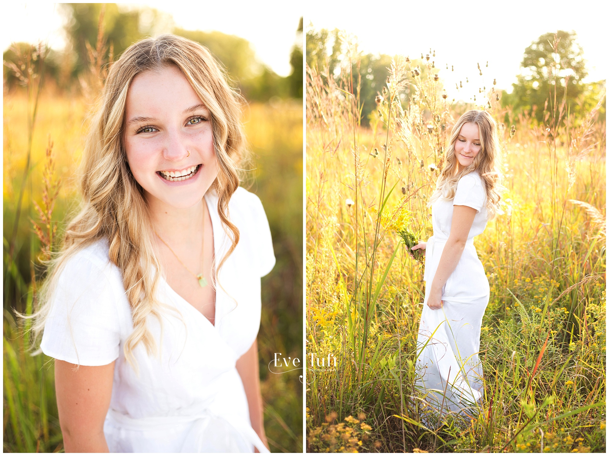 A senior who looks like a Greek goddess twirls in wildflowers | Photographers in Midland, MI