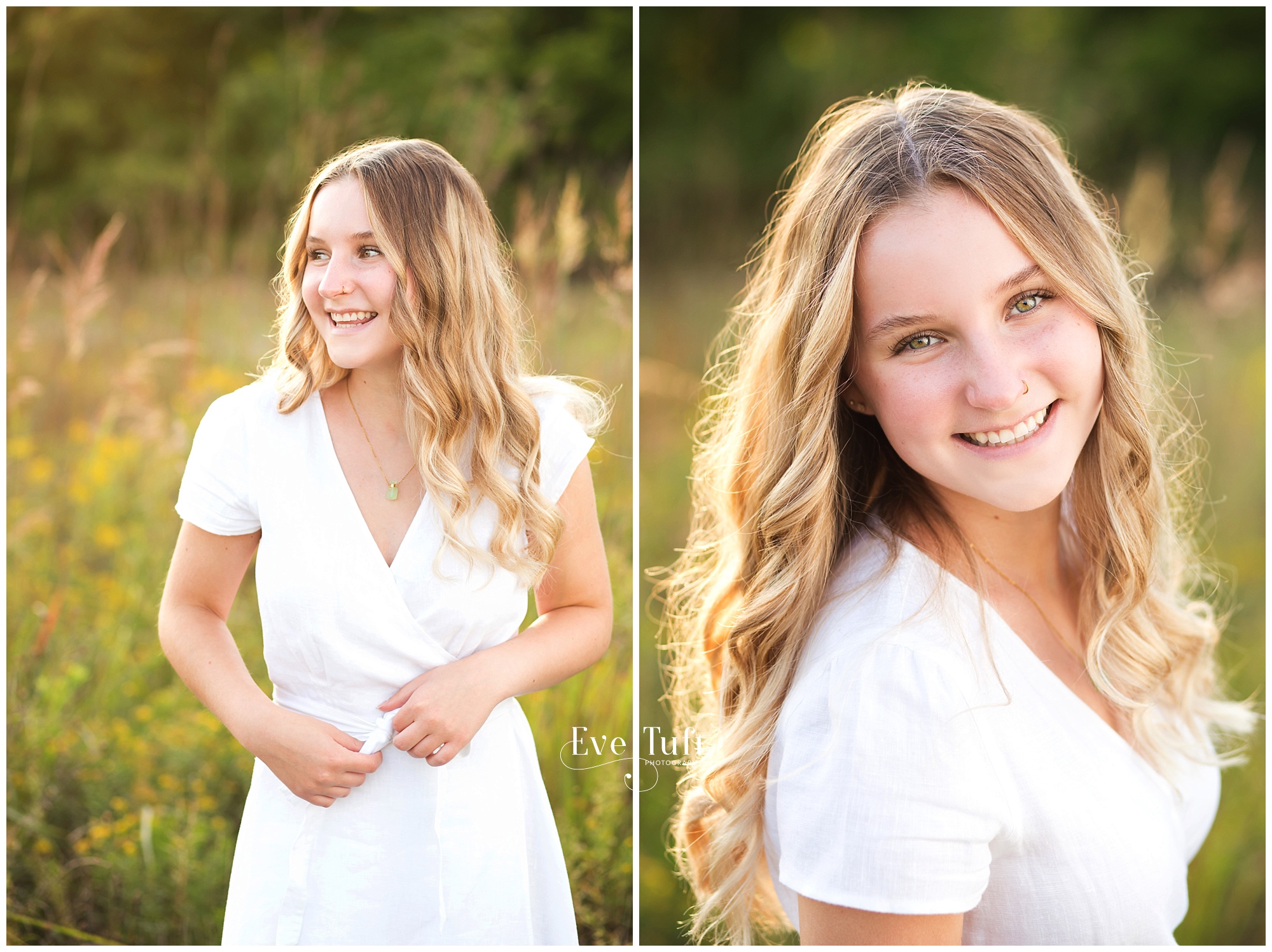 A teen in a Greek looking dress smiles outside at the Nature Center | Midland, Michigan Senior Photographers