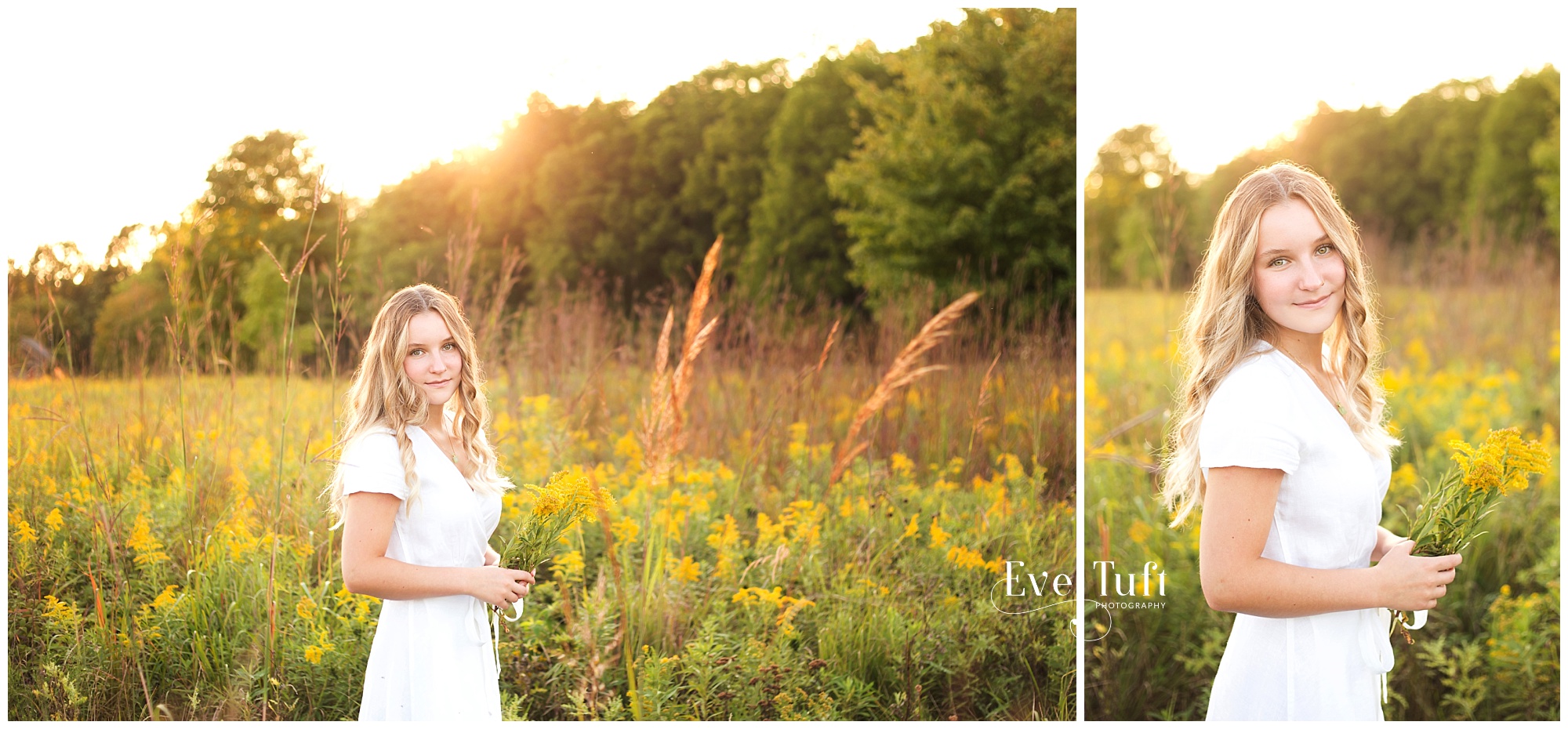 A beautiful teen stands in a field wearing a Greek looking dress with wildflowers at the Nature Center | Michigan Senior Photographers