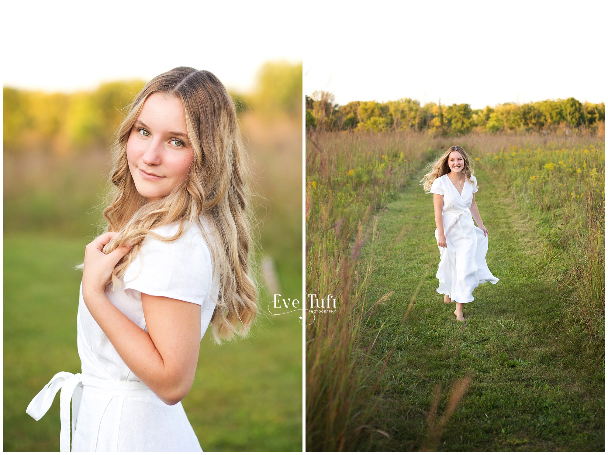 A teen runs toward the camera outside in a field in a dress | Senior Photographers in Midland, Michigan