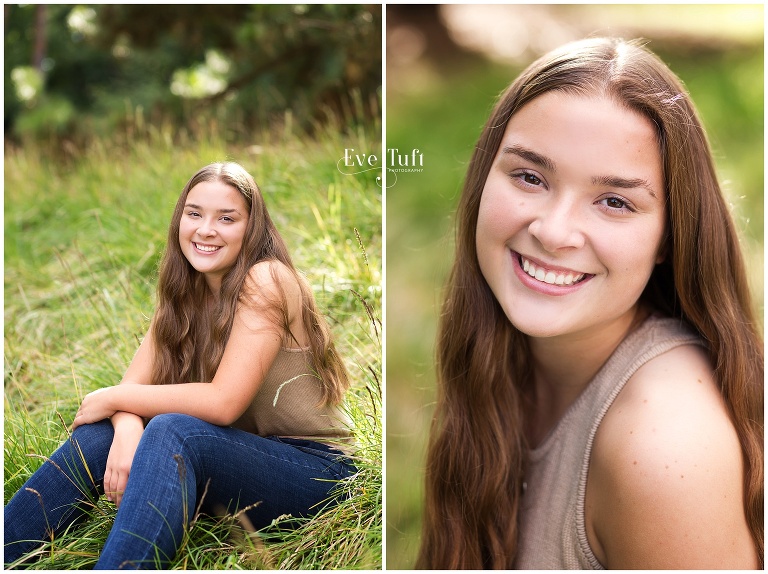 A lovely yougn woman sits in the grass at Dow Gardens | High School Senior Photographers in Midland, Michigan