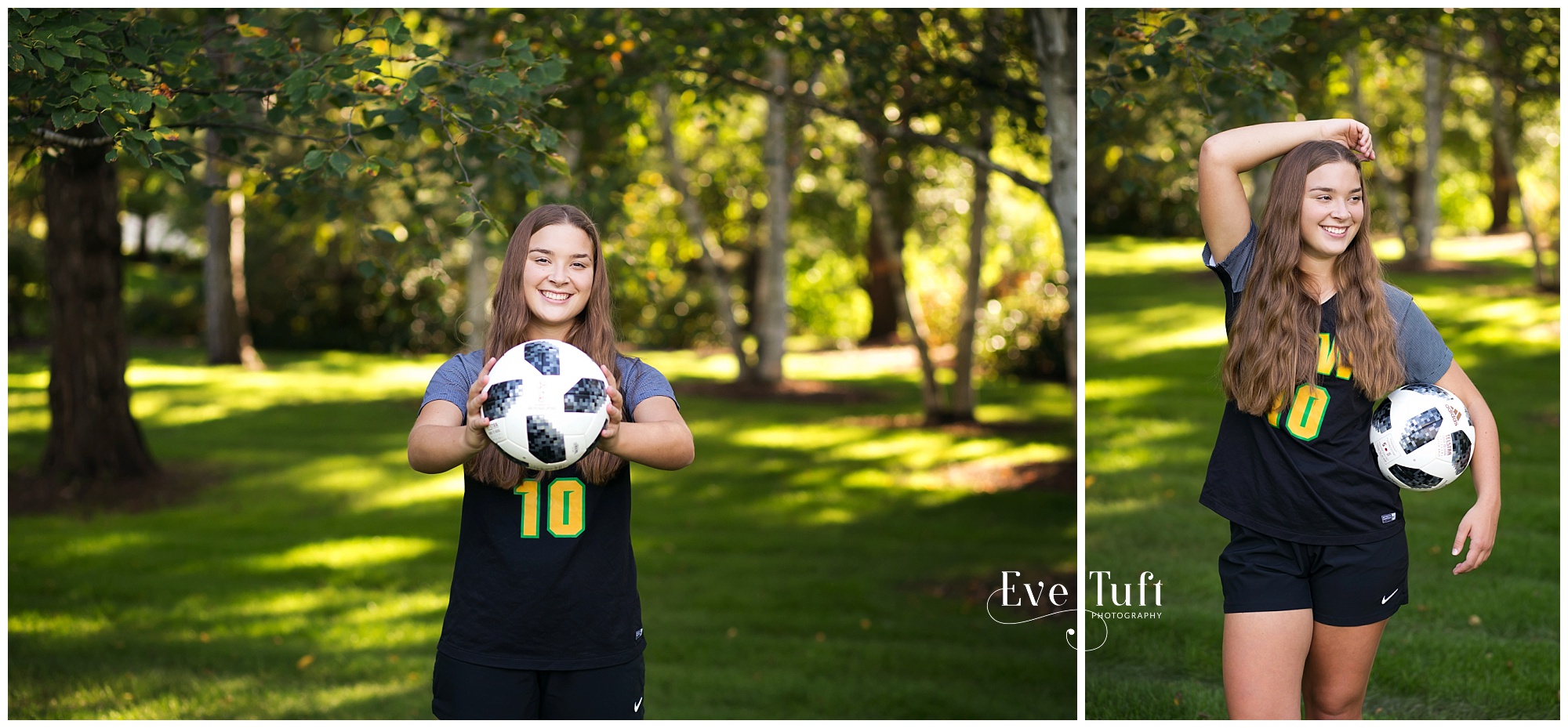 A senior girl stands outside with her soccer ball and in her uniform | Senior Photographer in Midland, MI