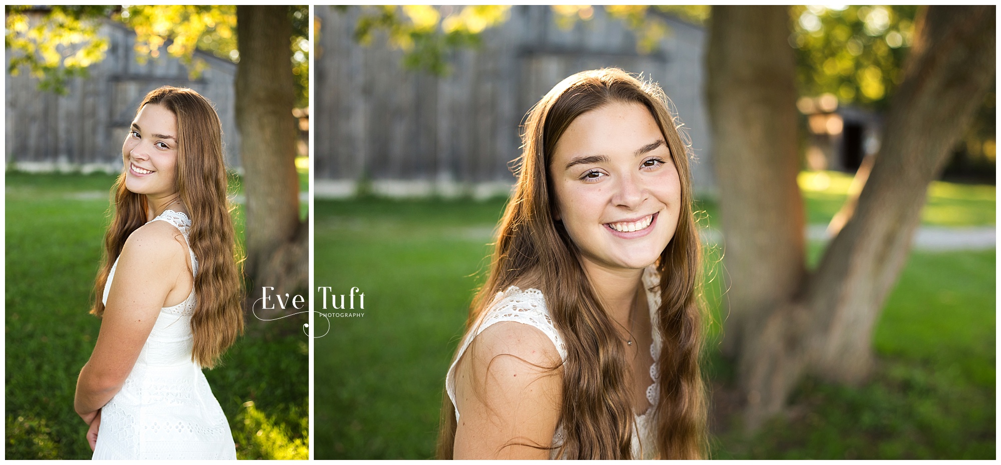 A teen stands near a tree in front of a barn at the nature Center in Midland | Michigan Senior Photographers