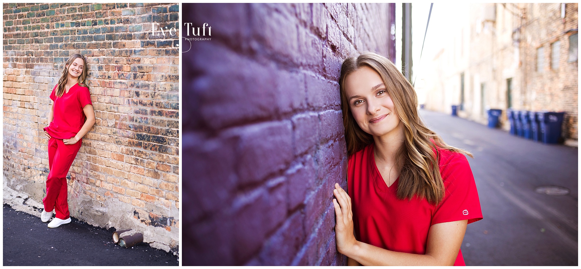 A senior wearing scrubs leans against a brick wall | Bay City, Michigan Photo Session