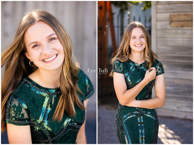 A beautiful teen wears a prom dress outside | Senior Photographers in Midland, MI