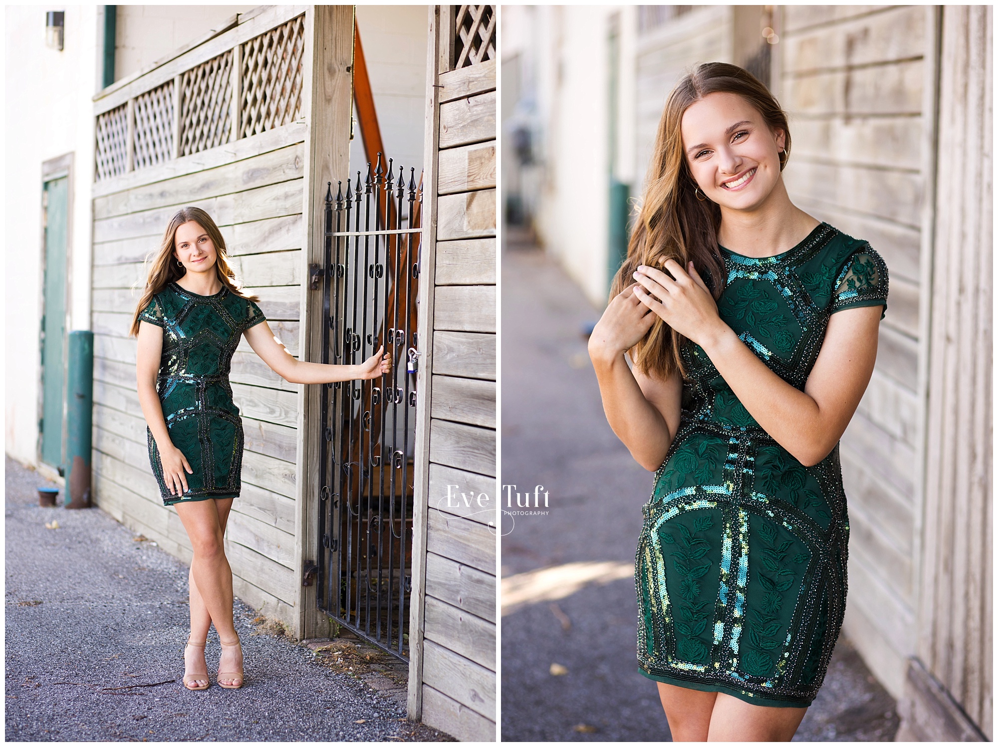 A teen girl in a prom dress stands near a gate outside in Bay City | Michigan Senior Photographer