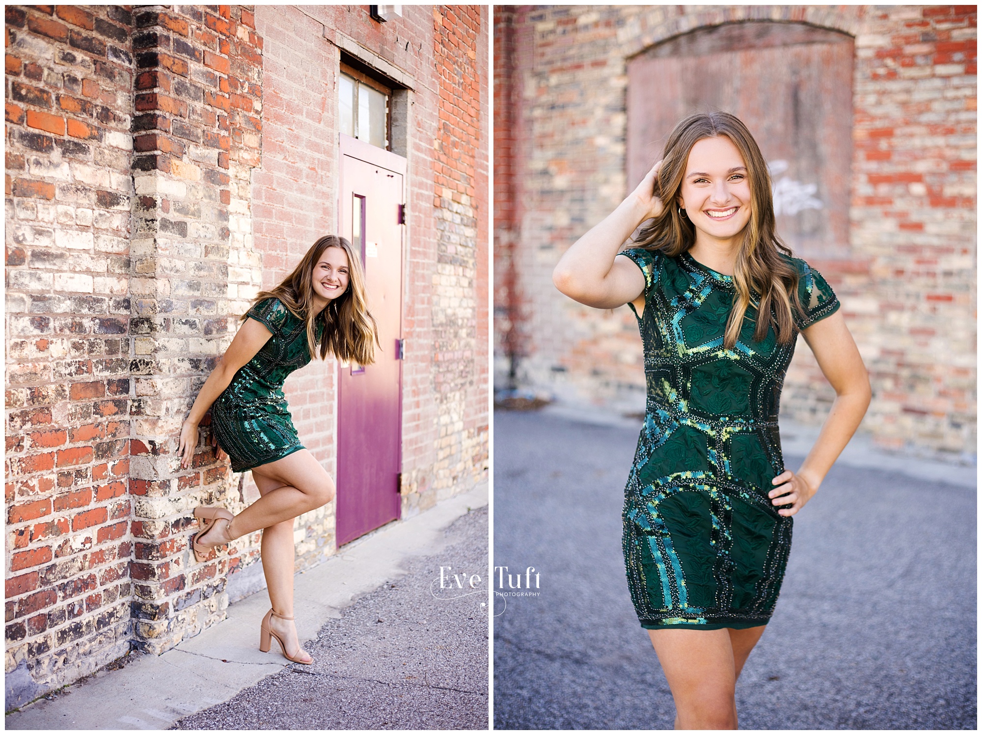 A teen wearing a prom dress leans against a brick wall outside | Senior Photographers in Bay City, MI