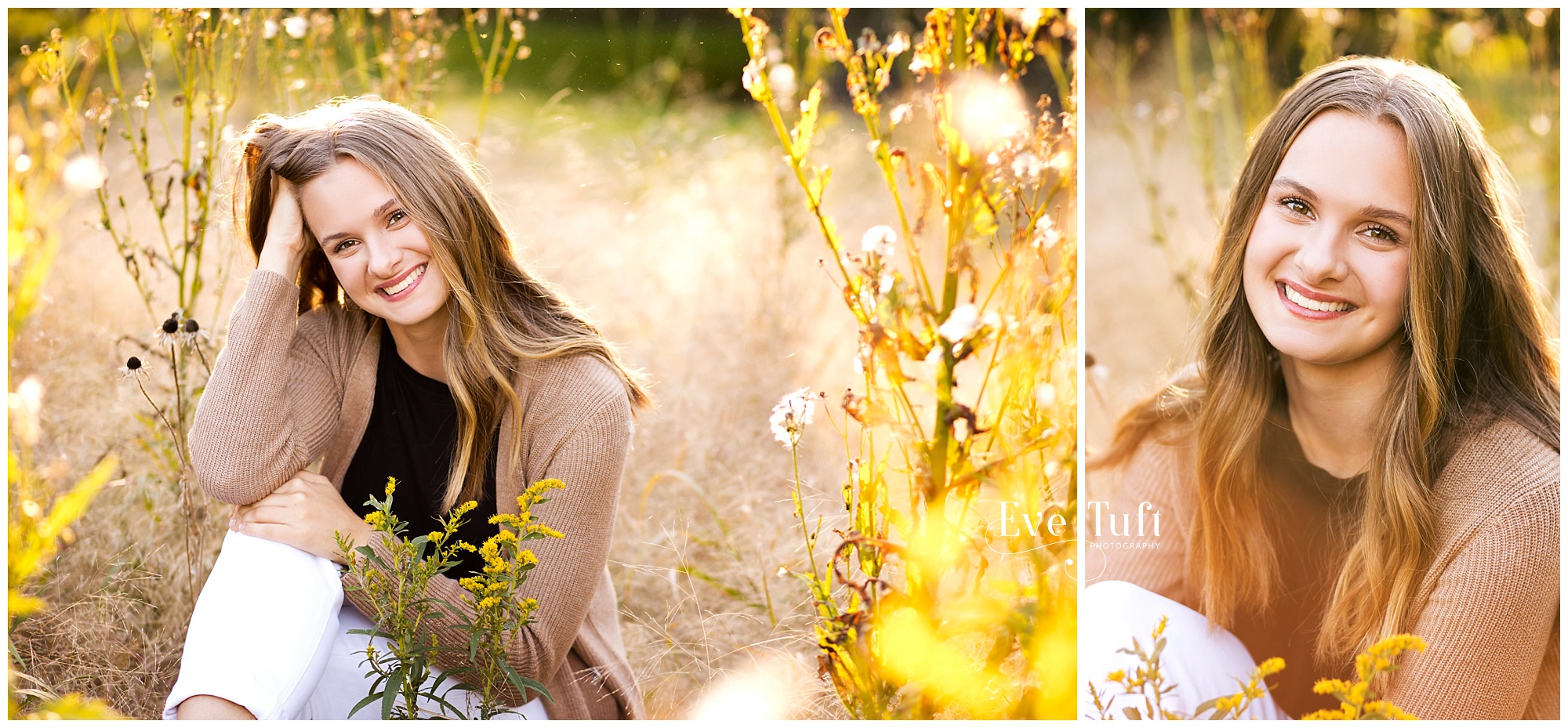 A teen sits in a field for her senior session with Eve Tuft | Senior Photographers near me