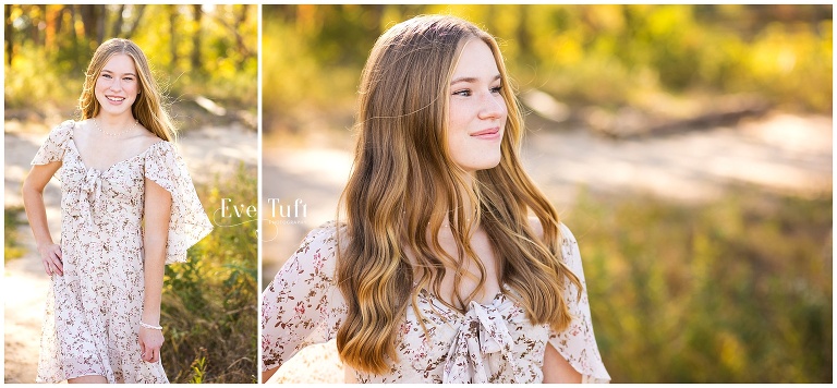 A beautiful teen looks out over the sand at her beachy photo shoot | Senior Photographers in Bay City, MI