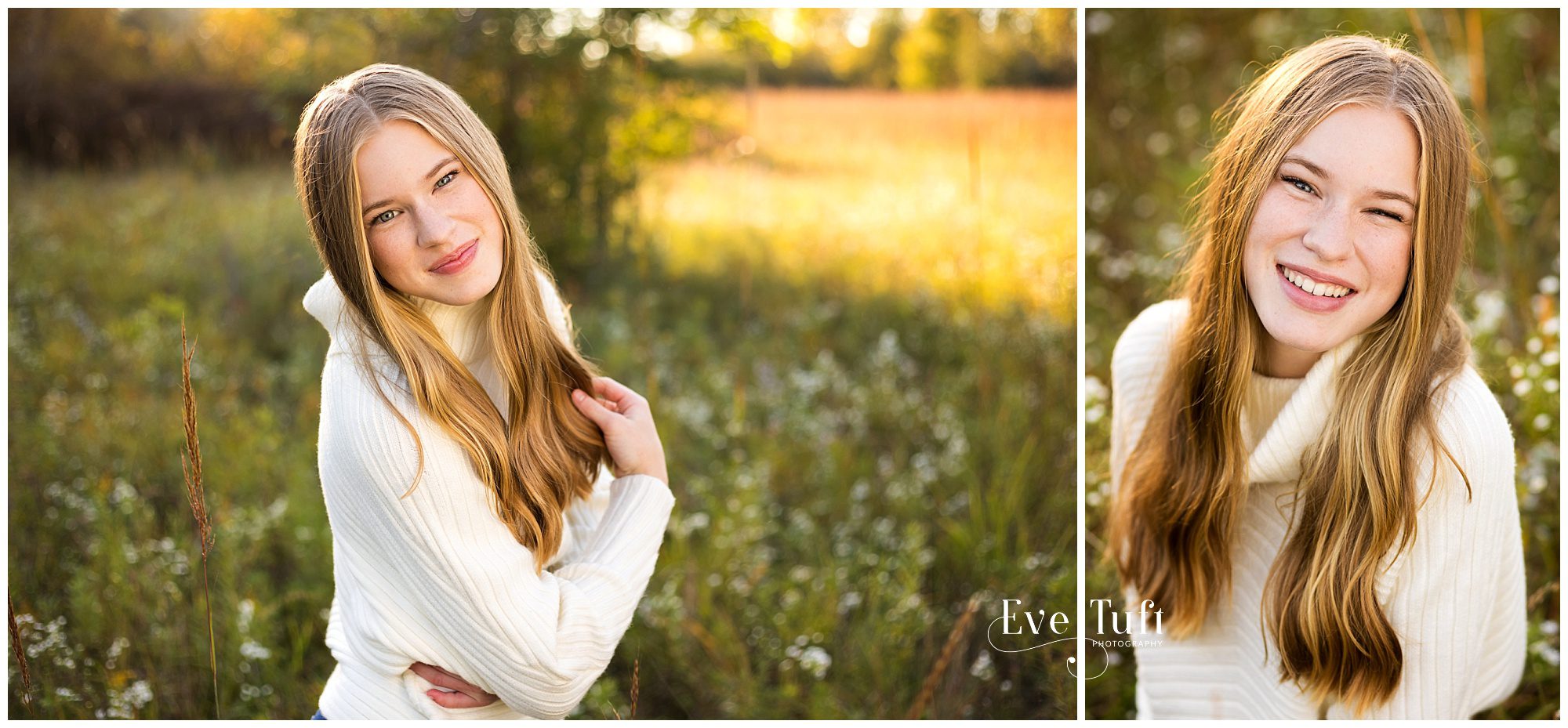 A beautiful young woman laughs outside in a field | Senior Photographer in Midland, MI and the Chippewa Nature Center