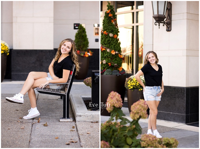 A beautiful teenager walks along the sidewalk outside | Senior Session Photographer in Midland, Michigan