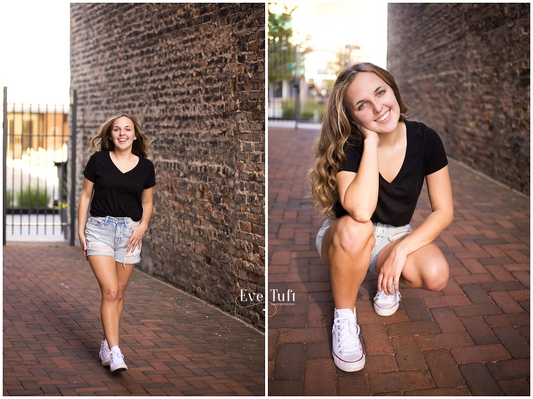 A lovely teen walks in a brick alleyway in her downtown session | Midland, Michigan Senior Photographer