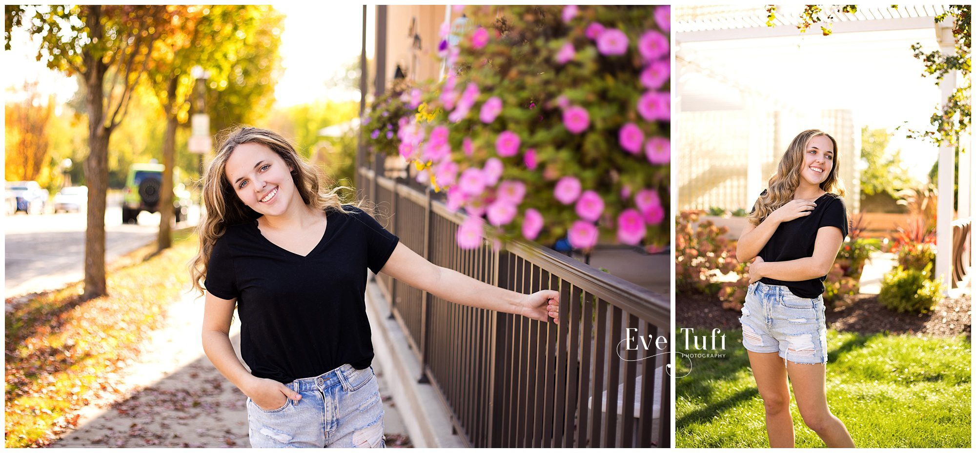 A teen girl leans near a gate outside in Downtown Midland, Michigan | Senior Portrait Photographer
