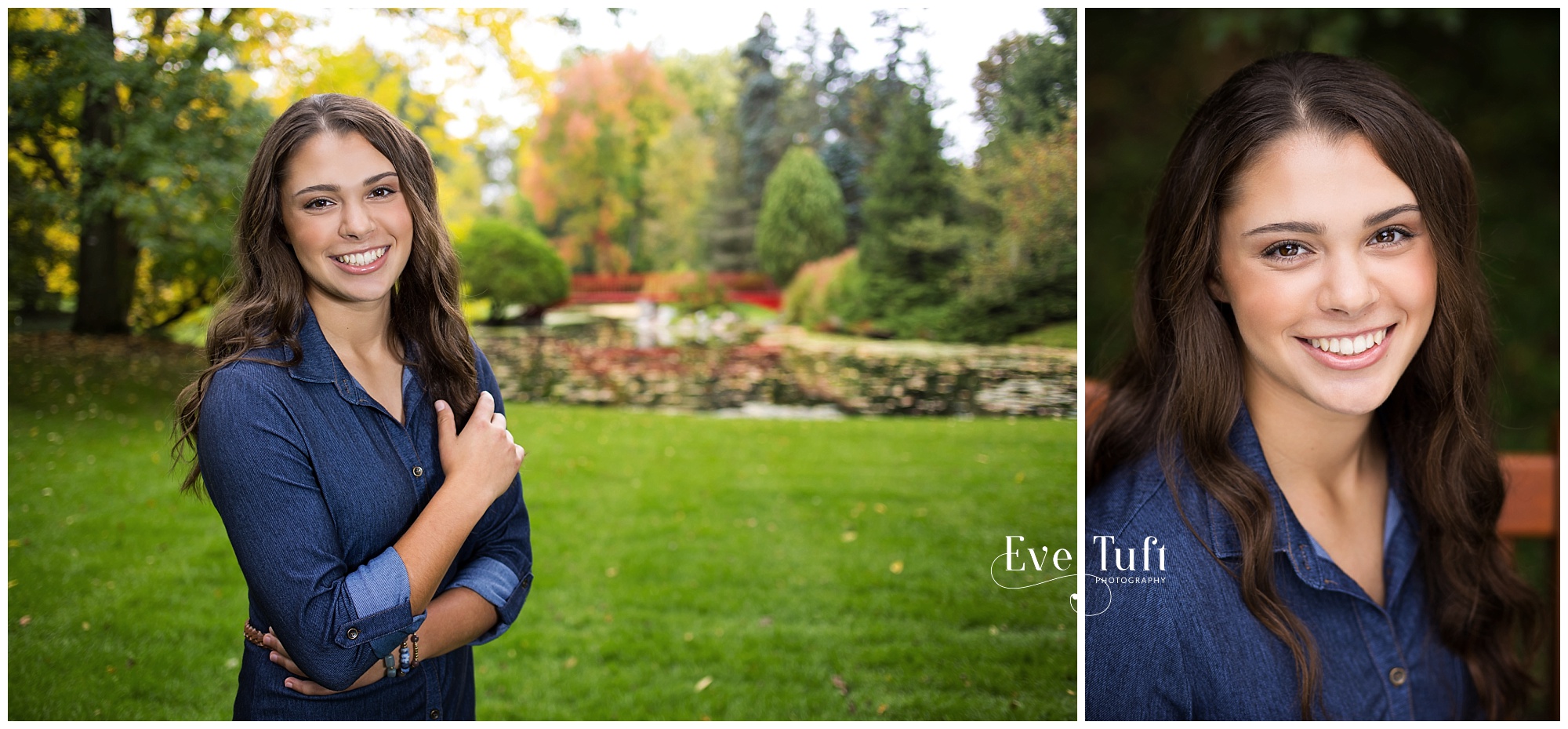 A senior stands in front of a red bridge at Dow Gardens | Midland, MI Photographer