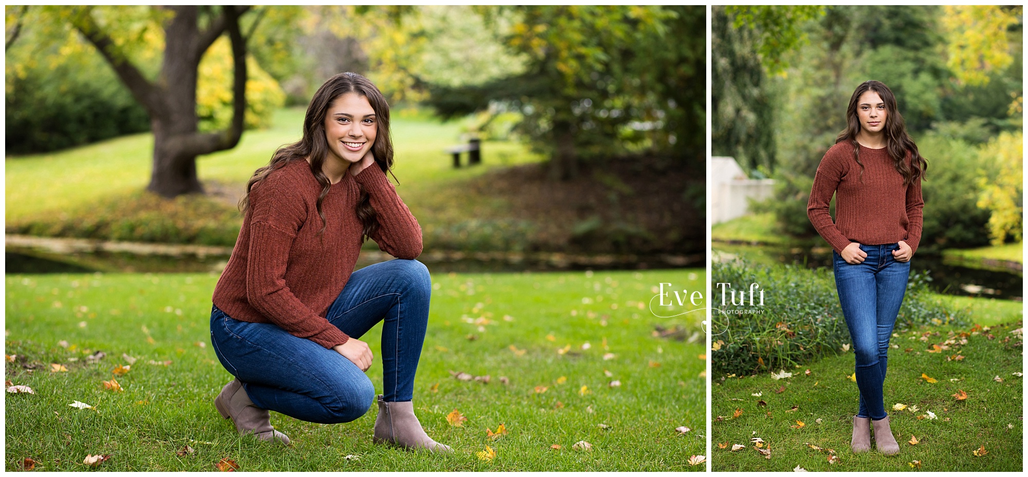 A beautiful teen squats in the grass outside at Dow Gardens | Senior Photographers in Midland, Michigan