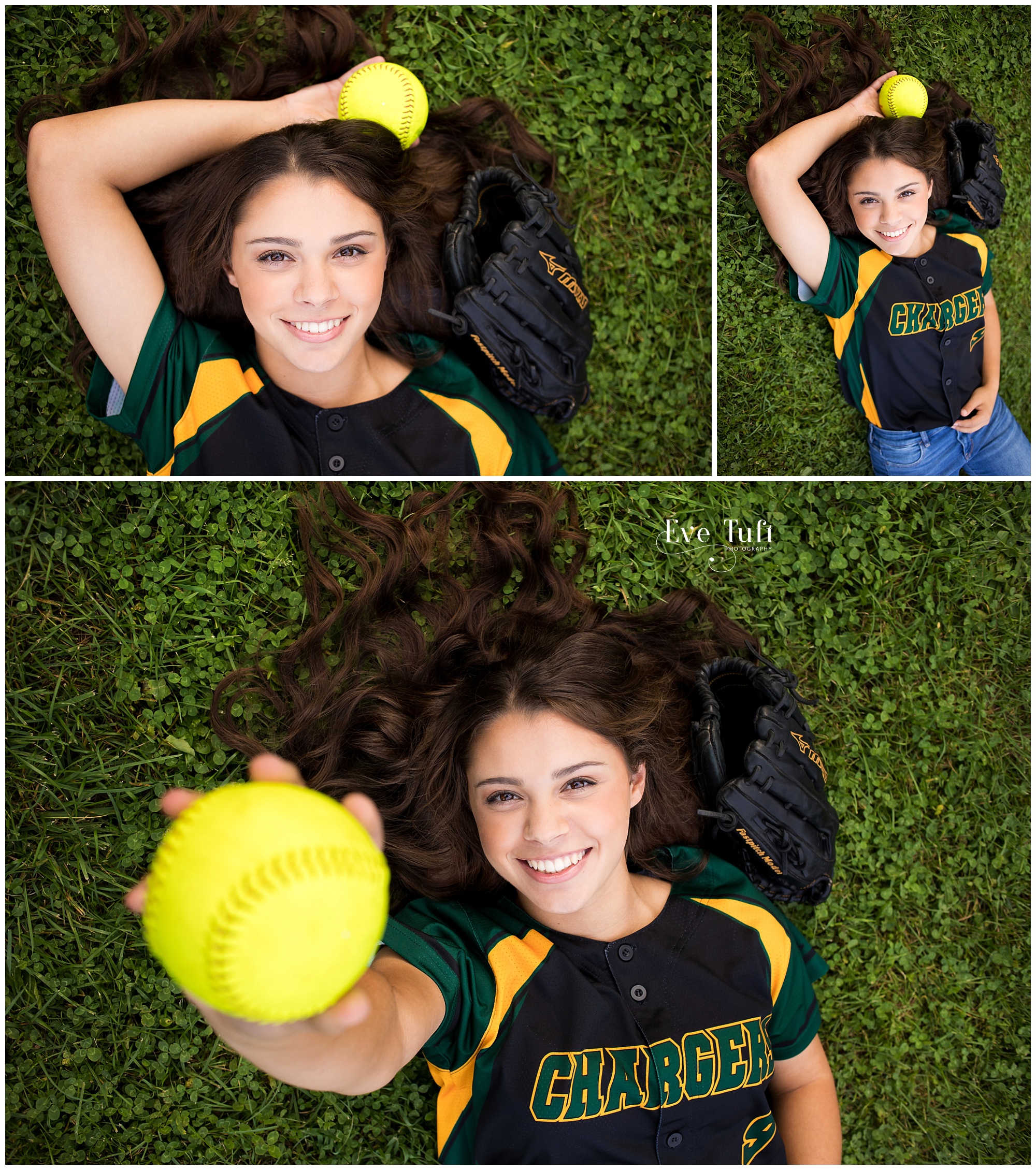 A beautiful teen lies in some clover outside in her softball gear with a softball in her hand | Senior Photographers in Michigan