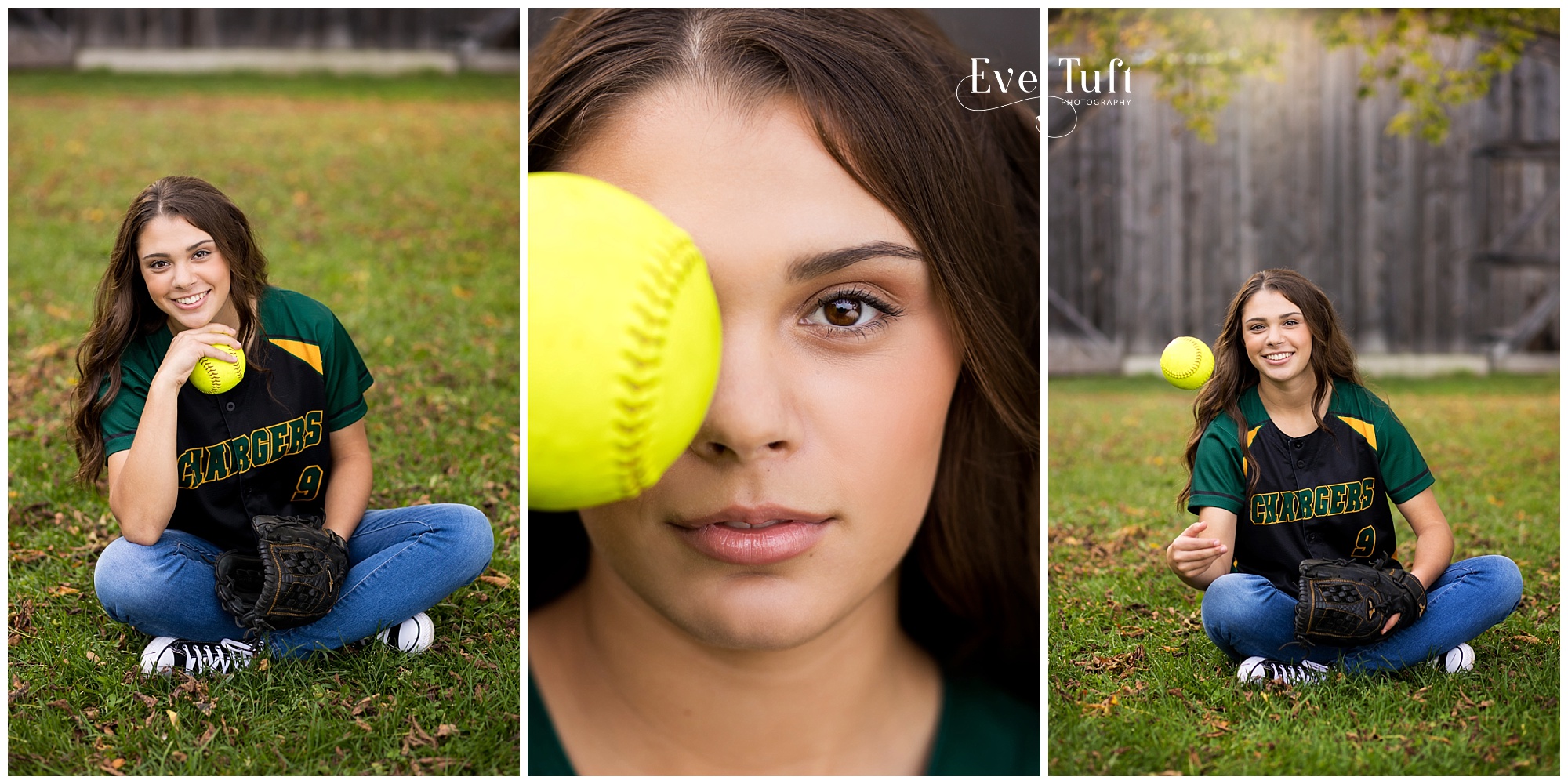 A beautiful teen throws her softball in the air outside while sitting in the grass in a picture | Senior Photographers in Midland, Michigan