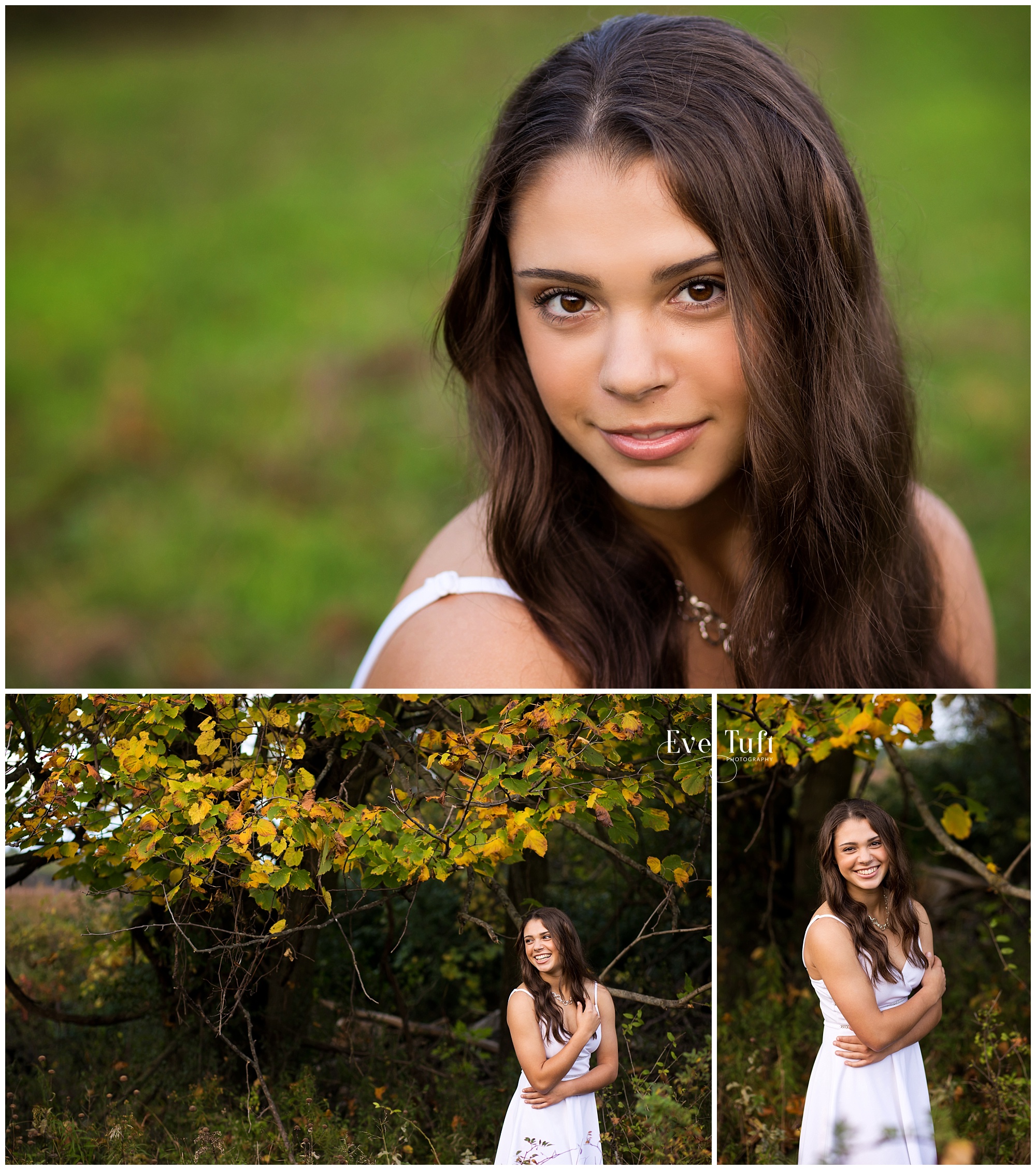 A beautiful teen smiles outside in the grass and near a tree for her senior picture | Senior Photographer in Midland, MI